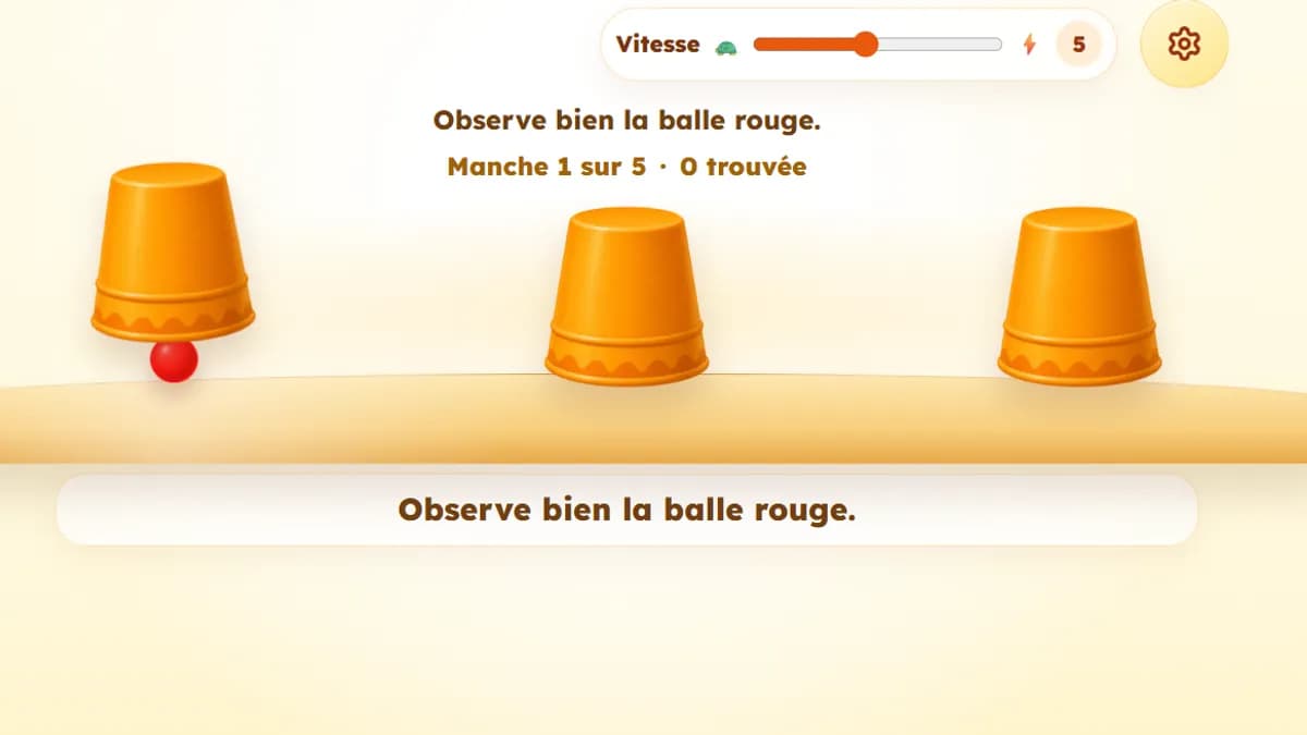 Capture d'écran du jeu Bonneteau : trois gobelets colorés et une balle rouge à retrouver